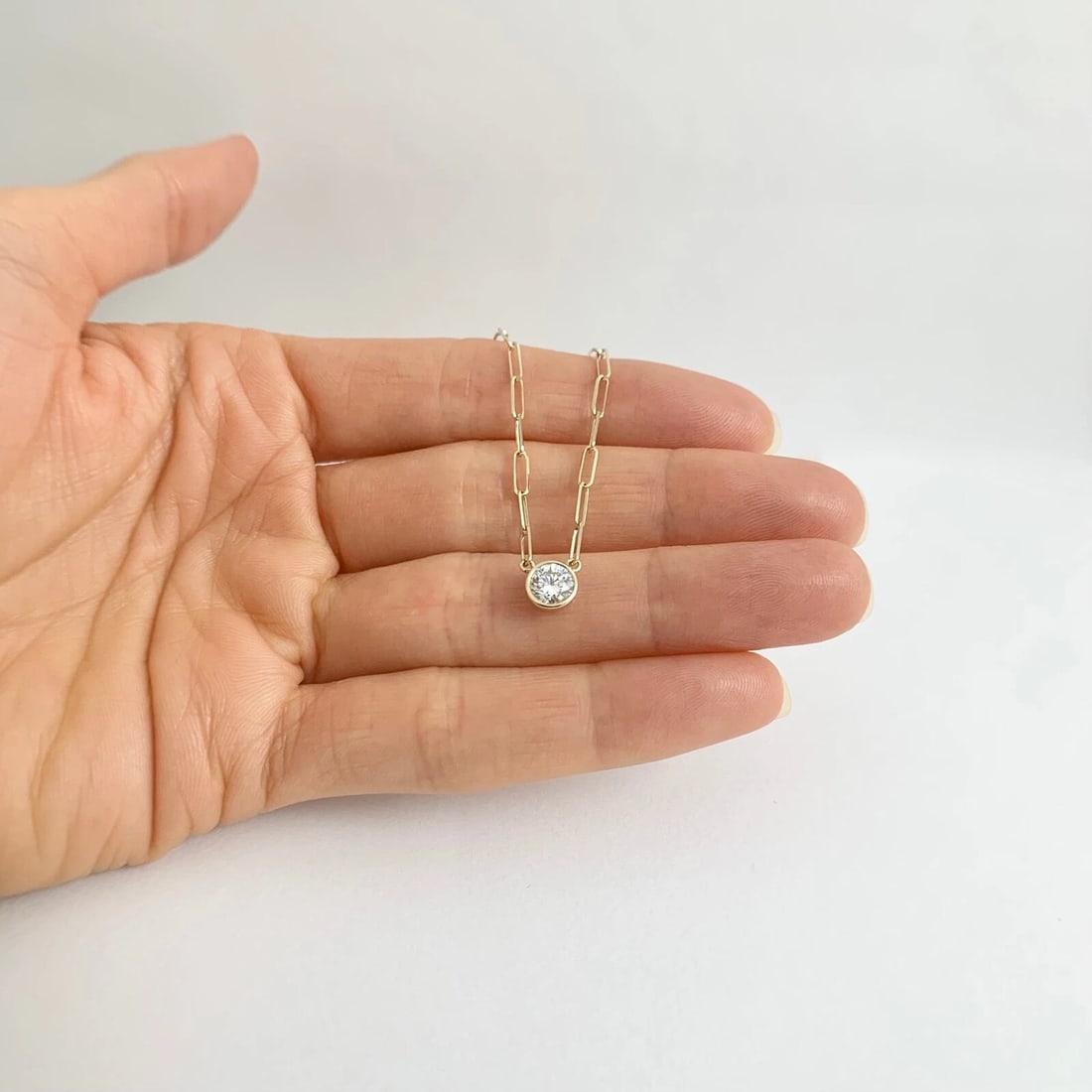 GIA Round Bezel Solitaire Diamond Paperclip Necklace 14K Yellow Gold .50 CT - 6