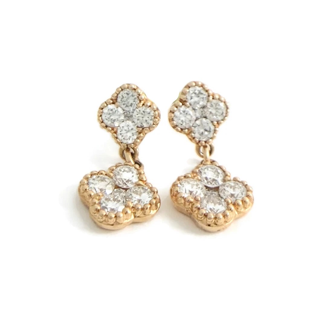 Cluster Diamond Clover Dangle Drop Earrings 14K Pink Rose Gold, 1.22 CTW - 2