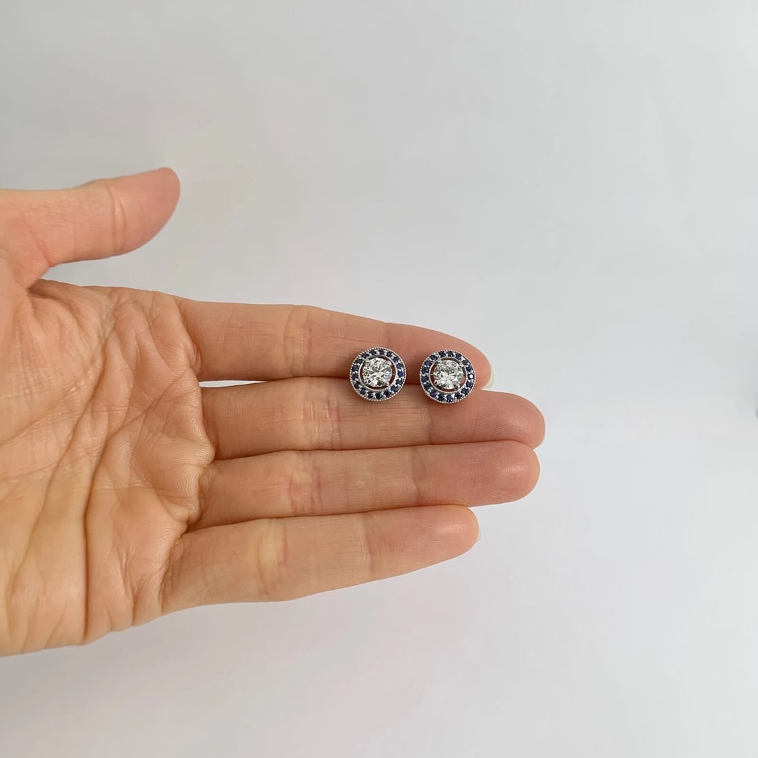 Round Sapphire Halo Earring Jackets Enhancers 14K White Gold for 1.50 CTW Stud - 4