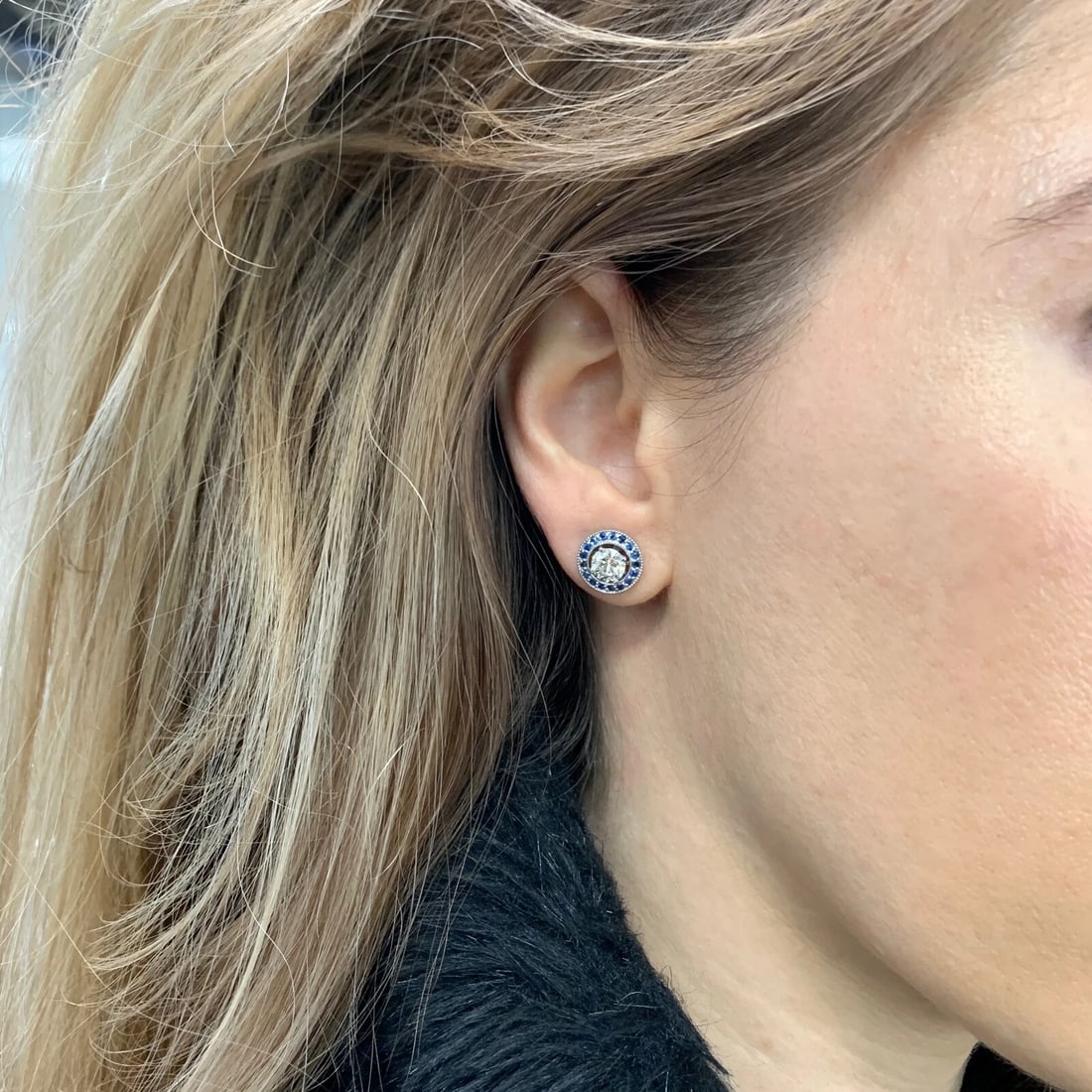 Round Sapphire Halo Earring Jackets Enhancers 14K White Gold for 1.50 CTW Stud - 6