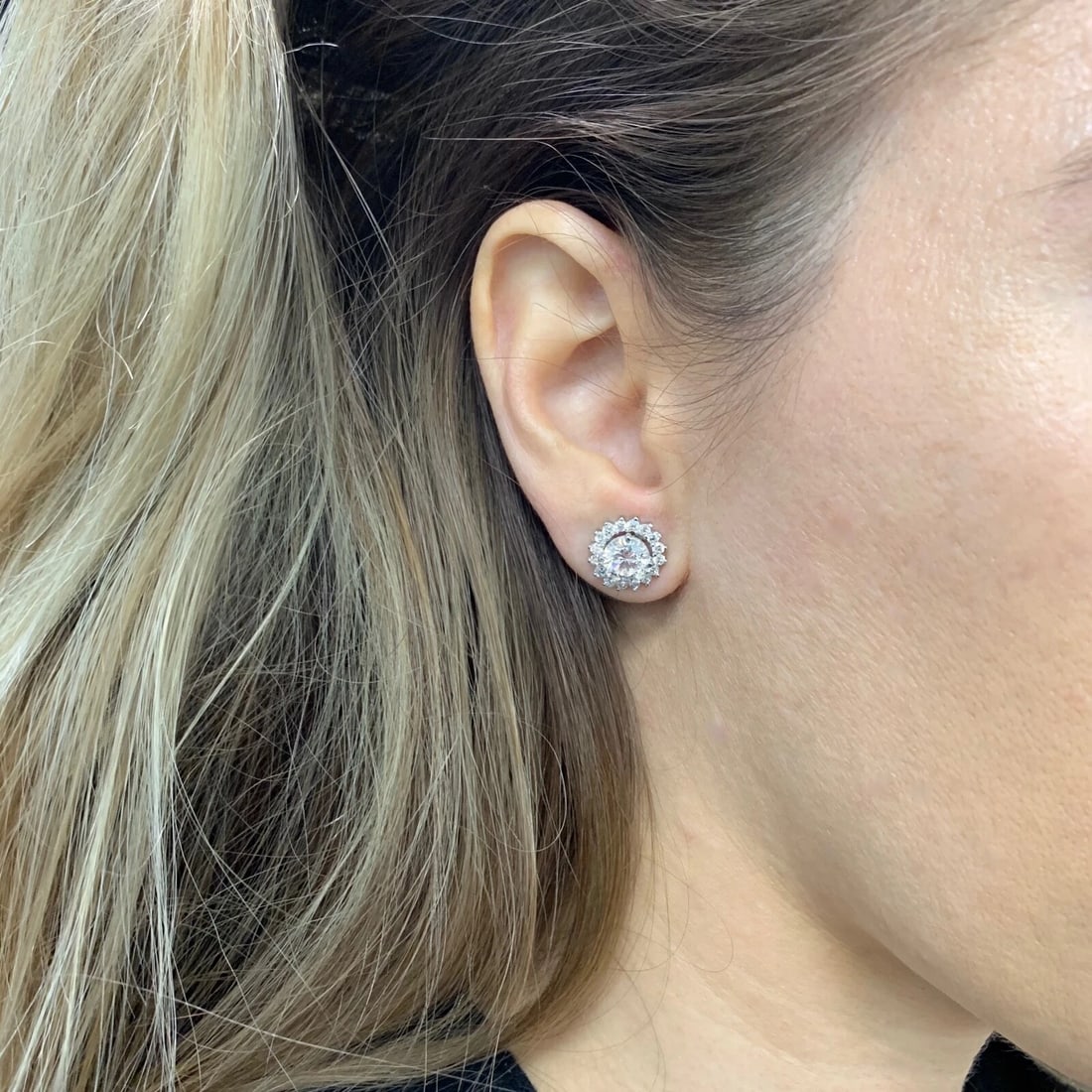 Round Diamond Halo Earring Jackets Enhancers 14K White Gold for 3.00 CTW Studs - 5