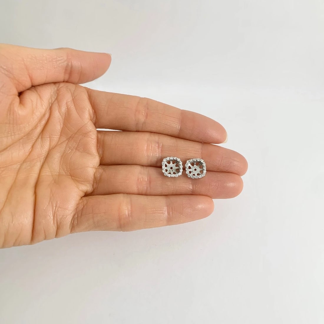 Cushion Diamond Halo Earring Jackets Enhancers 14K White Gold for 2.00 CTW Studs - 3