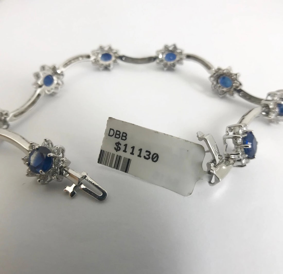 Blue Sapphire Diamond Halo Gemstone Bracelet 14K White Gold, 9.90 CTW, 7 Inches - 12