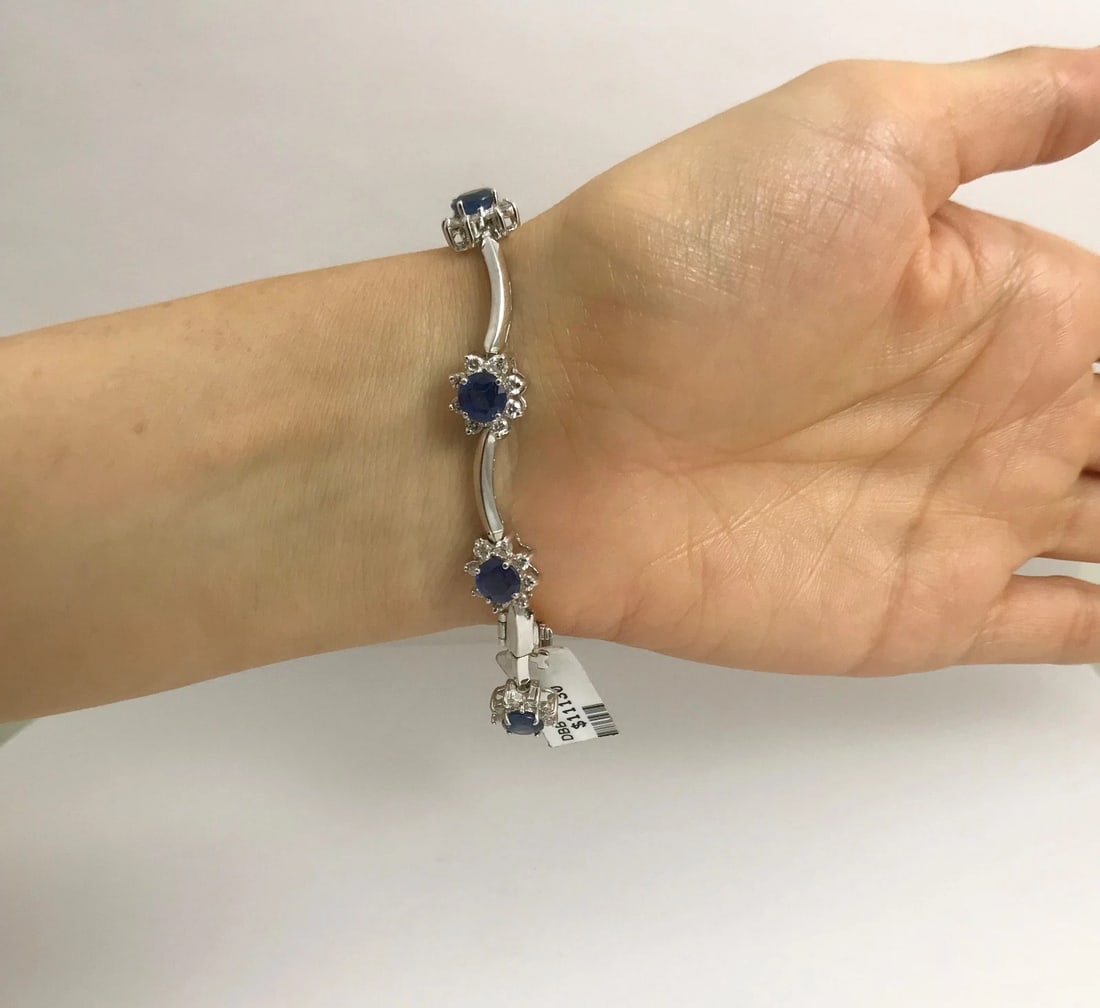 Blue Sapphire Diamond Halo Gemstone Bracelet 14K White Gold, 9.90 CTW, 7 Inches - 5