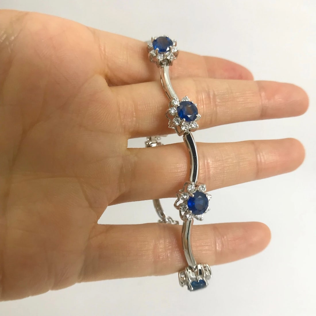 Blue Sapphire Diamond Halo Gemstone Bracelet 14K White Gold, 9.90 CTW, 7 Inches - 7