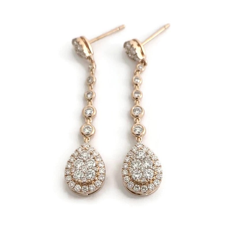 Teardrop Diamond Halo Cluster Hanging Dangle Drop Earrings 14K Pink Rose Gold: Teardrop Diamond Halo Cluster Hanging Dangle Drop Earrings 14K Pink Rose Gold These are stunning earrings! Please let us know if you have any questions. Diamonds: 82 round brilliant cuts 1.54 ctw, G,