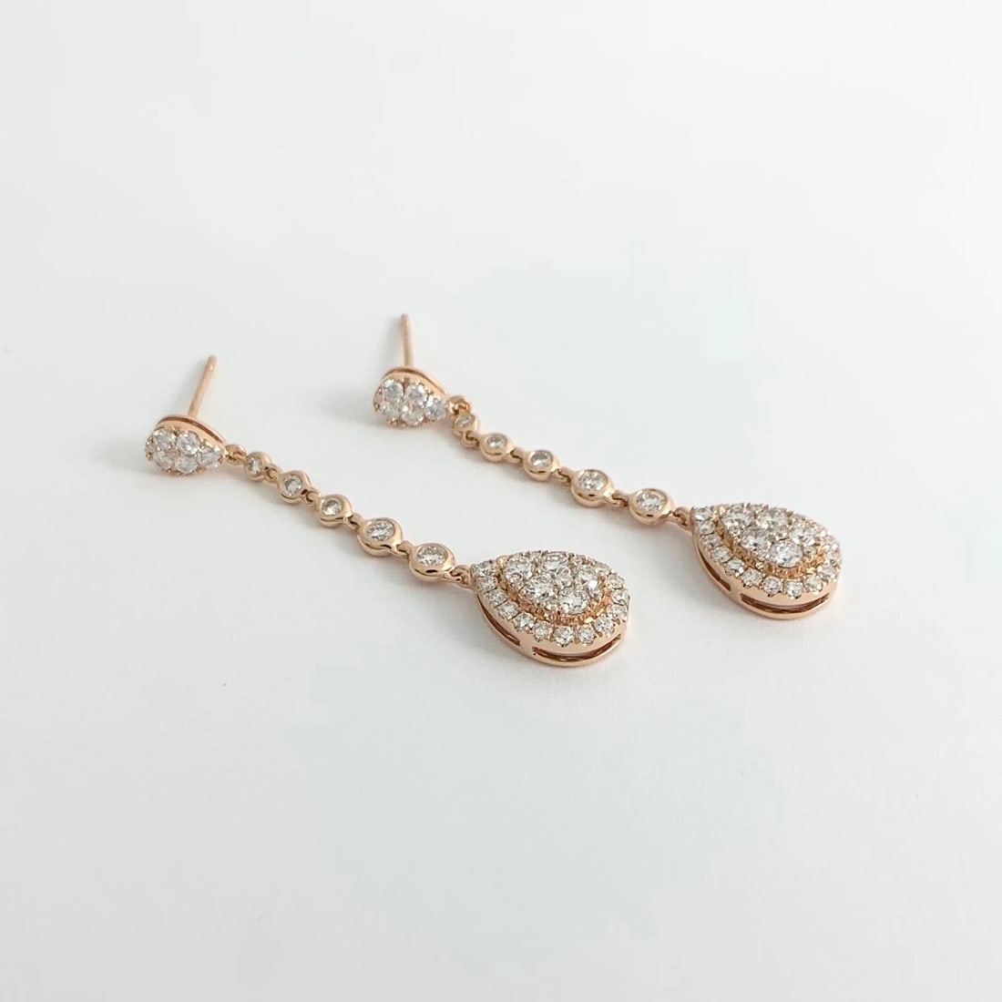 Teardrop Diamond Halo Cluster Hanging Dangle Drop Earrings 14K Pink Rose Gold - 6