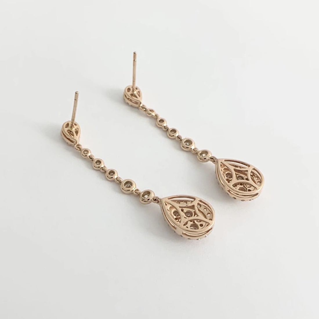 Teardrop Diamond Halo Cluster Hanging Dangle Drop Earrings 14K Pink Rose Gold - 7