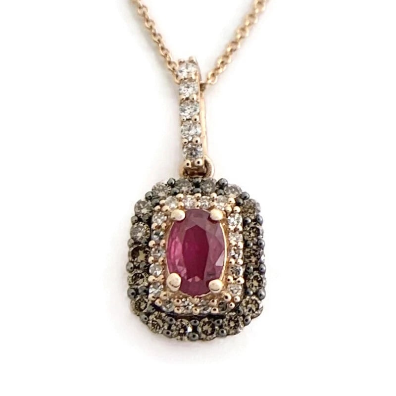 Ruby Cognac Diamond Black Rhodium Double Halo Pendant Necklace 14K Rose Gold (1 of 12)