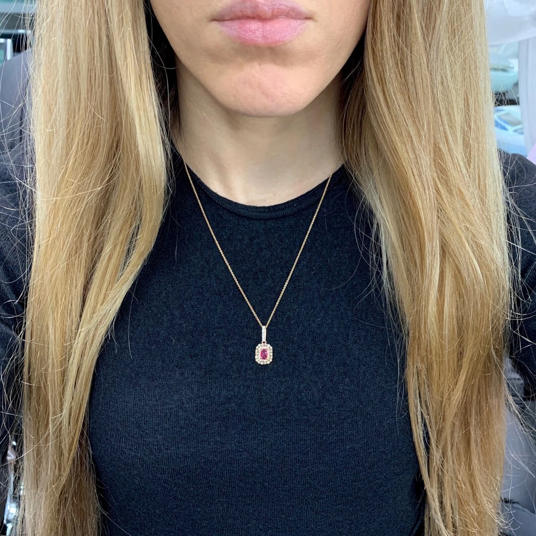 Ruby Cognac Diamond Black Rhodium Double Halo Pendant Necklace 14K Rose Gold - 5