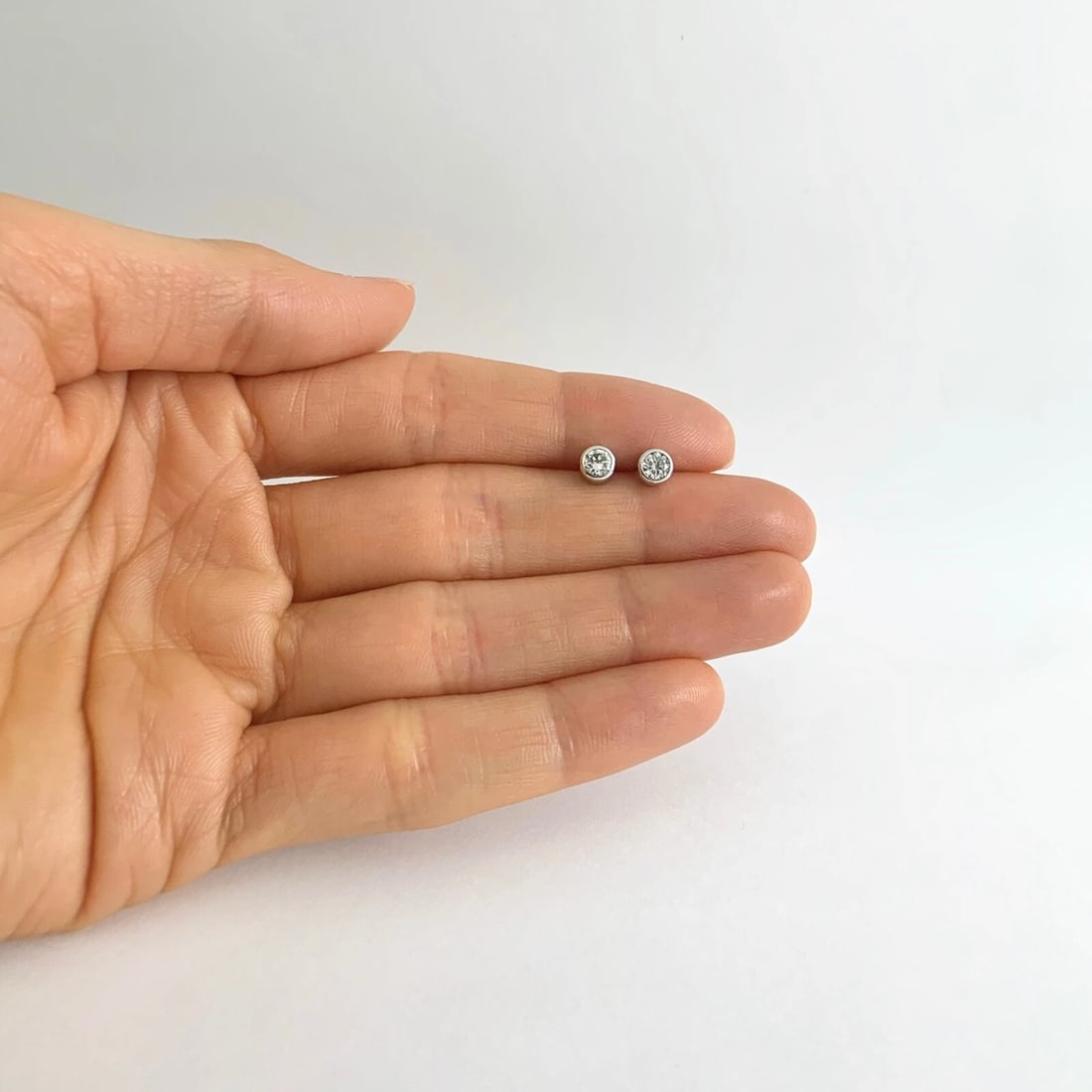 Round Bezel Diamond Stud Earrings 14K White Gold Push Backs .50 CTW - 3
