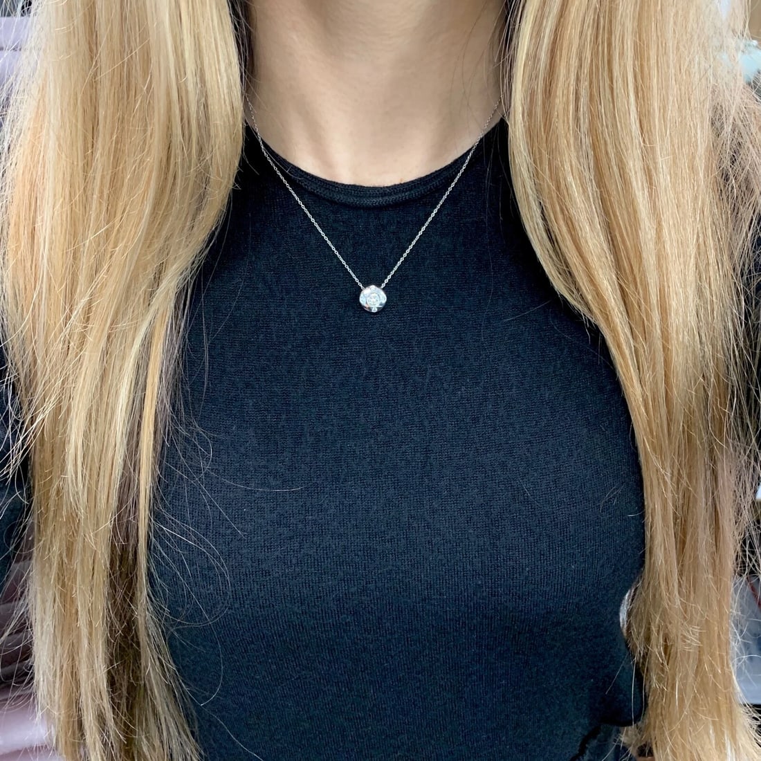 Diamond Burnished Bezel Halo Pendant Necklace 14K White Gold .60 CTW, 16 Inches - 6