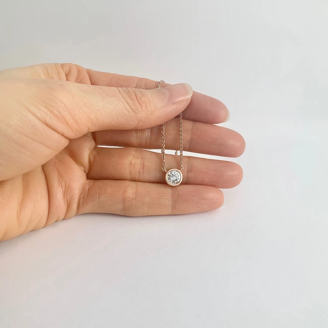 Solitaire Diamond Bezel Pendant Necklace 14K Rose Gold .56 CT, 16.75 Inches - 4