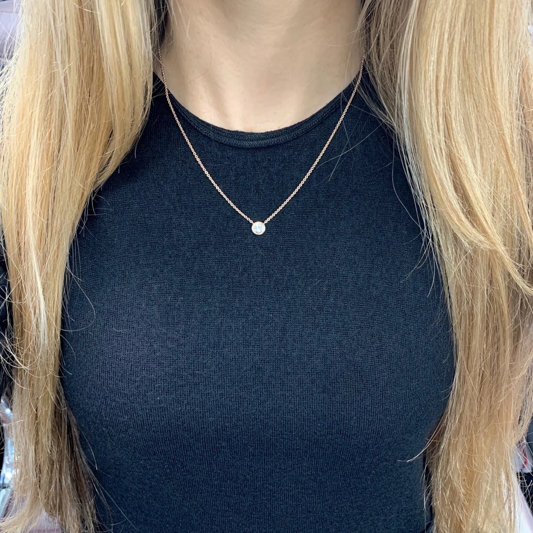 Solitaire Diamond Bezel Pendant Necklace 14K Rose Gold .56 CT, 16.75 Inches - 6