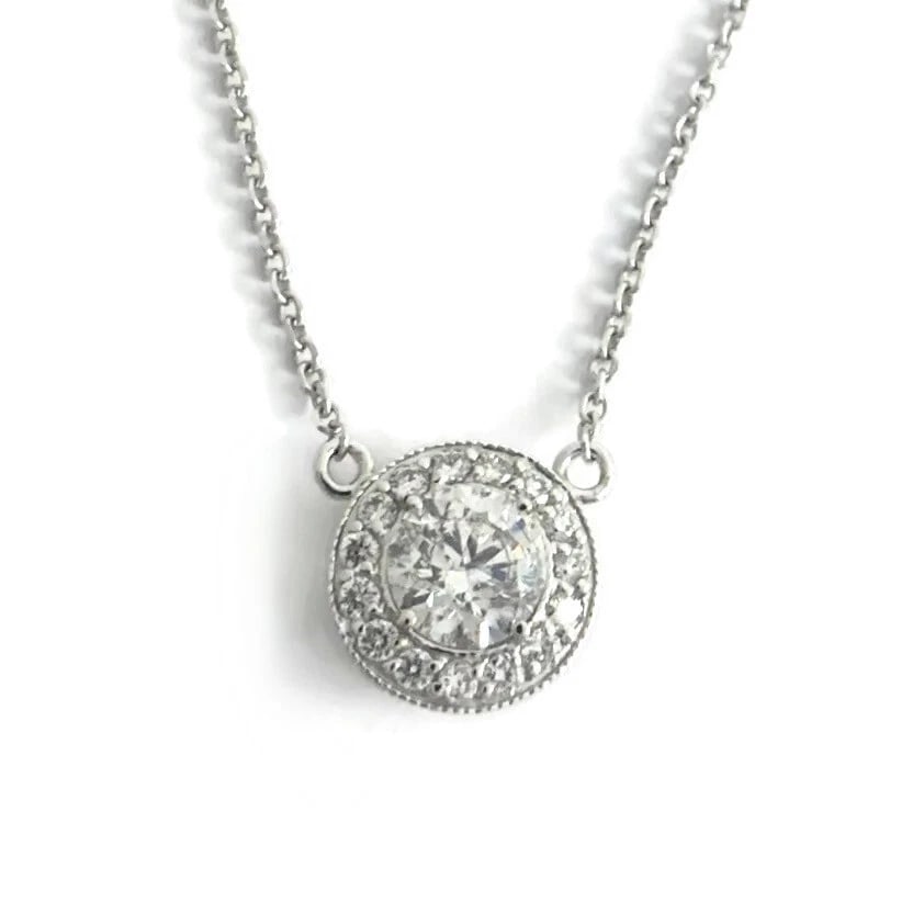 Round Diamond Milgrain Halo Pendant Necklace 14K White Gold, .79 CTW, 16 Inches - 2