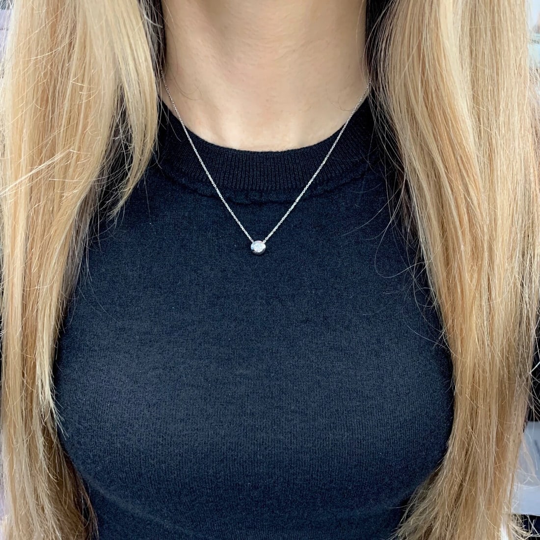 Round Solitaire Diamond Wide Bezel Pendant Necklace 14K White Gold, .22 CT - 6