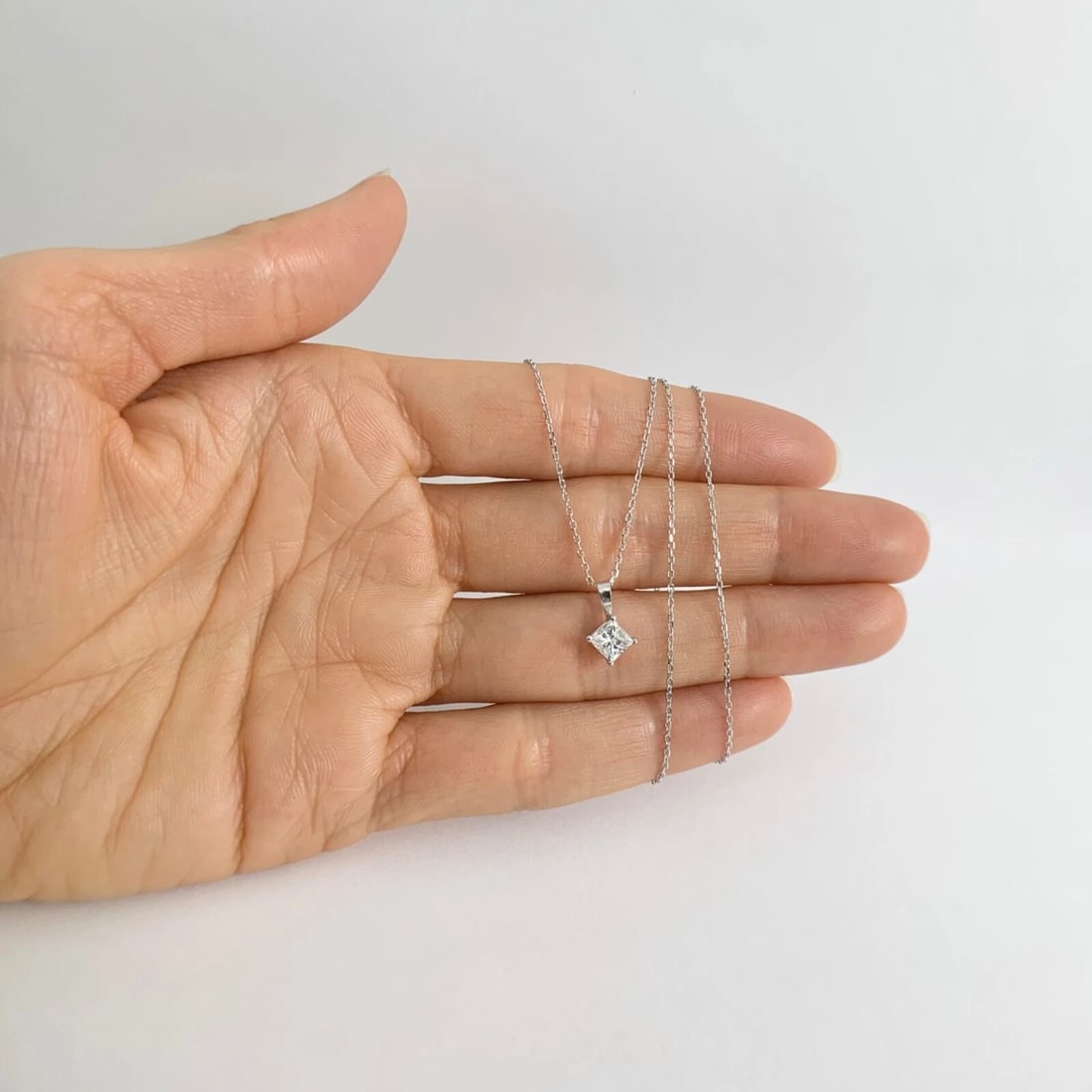 Princess Solitaire Diamond Pendant Necklace 14K White Gold, .51 CT, 16 Inches - 3