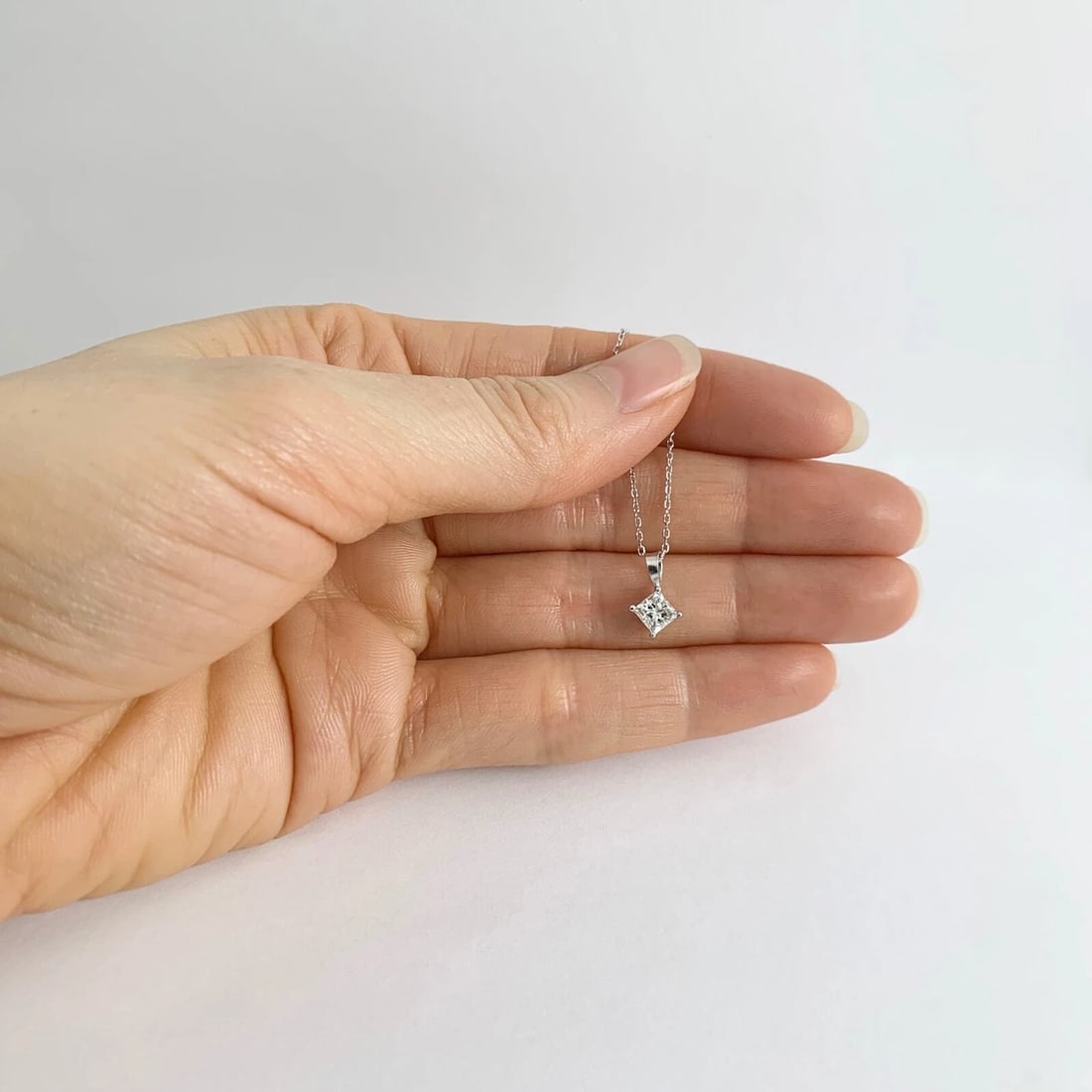 Princess Solitaire Diamond Pendant Necklace 14K White Gold, .51 CT, 16 Inches - 4