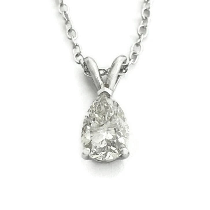 Pear Solitaire Diamond Teardrop Pendant Necklace 14K White Gold, .82 CT (1 of 11)