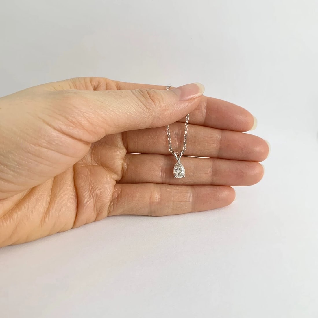 Pear Solitaire Diamond Teardrop Pendant Necklace 14K White Gold, .82 CT - 4