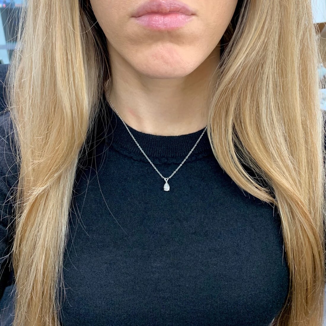 Pear Solitaire Diamond Teardrop Pendant Necklace 14K White Gold, .82 CT - 5