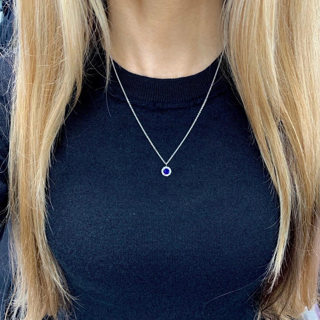 Round Blue Sapphire Diamond Halo Pendant Necklace 14K White Gold .86 CTW - 6