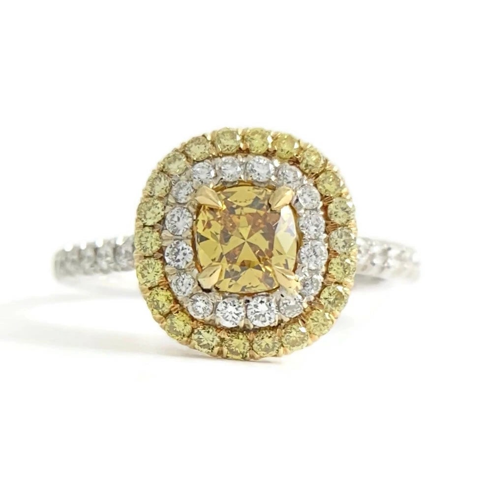 Fancy Orange Yellow Cushion Diamond Double Halo Ring 18K White Gold .87 CTW: Fancy Orange Yellow Cushion Diamond Double Halo Ring 18K White Gold .87 CTW This is a gorgeous diamond ring! Please let us know if you have any questions! Diamonds: .87 ctw; 1 cushion brilliant cut .4