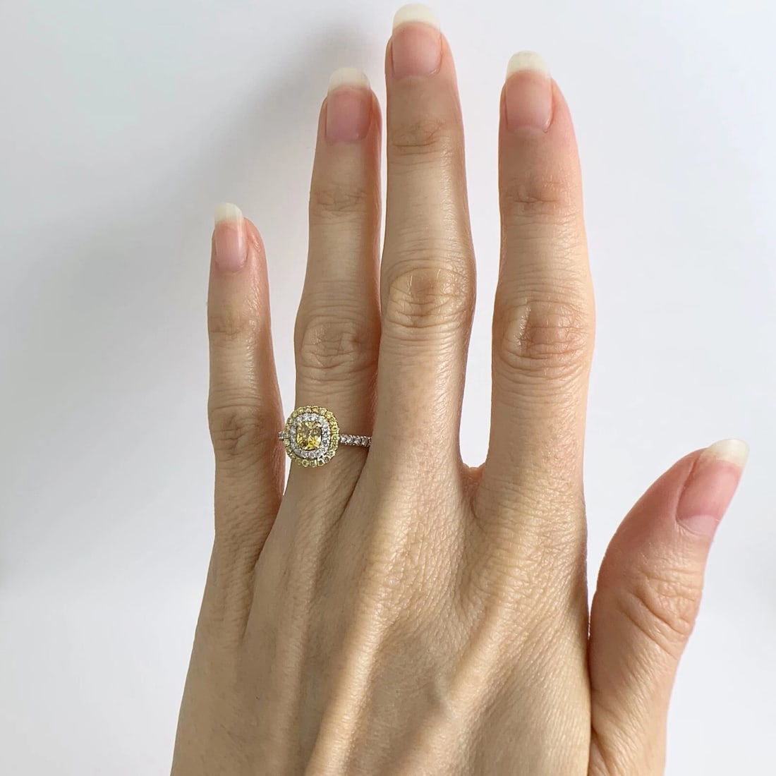 Fancy Orange Yellow Cushion Diamond Double Halo Ring 18K White Gold .87 CTW - 4