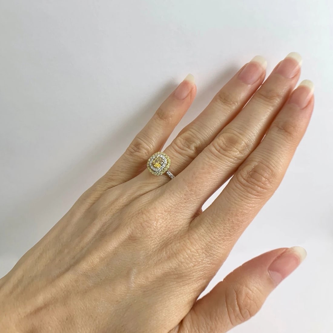 Fancy Orange Yellow Cushion Diamond Double Halo Ring 18K White Gold .87 CTW - 6