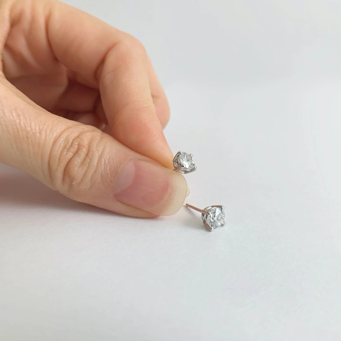 Round Diamond Stud Earrings 14K White Gold 4-Prong Basket Push Backs, .81 CTW - 4