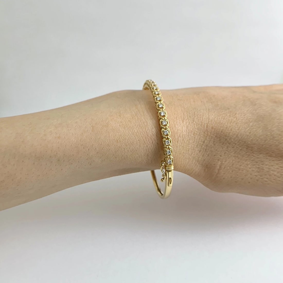 Milgrain Halo Diamond Bangle Bracelet 18K Yellow Gold, .59 CTW, 10.07 Grams - 5