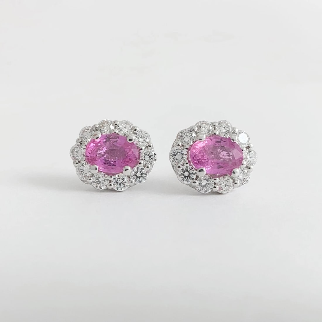 Oval Pink Sapphire Diamond Halo Stud Earrings 14K White Gold, 2.80 CTW, 2.88 Gr - 6