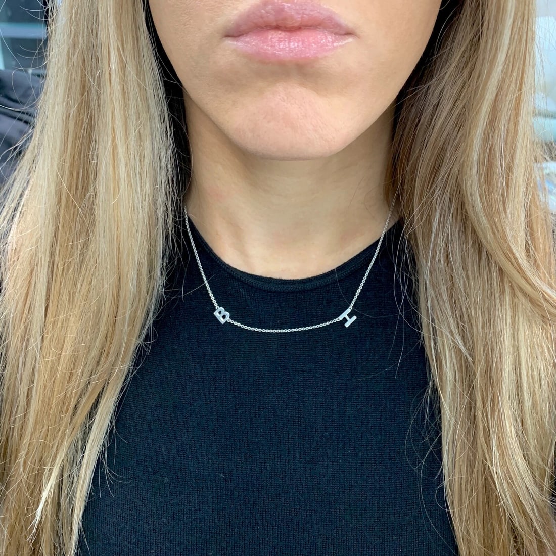 Letter B H Initial Charm Station Necklace 14K White Gold, 16 Inches, 3.80 Grams - 5