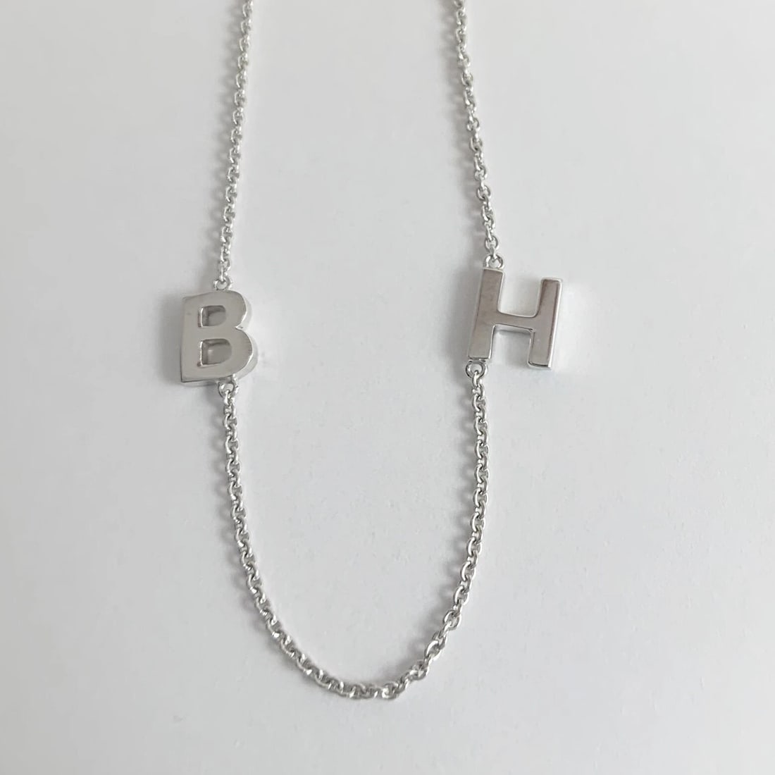 Letter B H Initial Charm Station Necklace 14K White Gold, 16 Inches, 3.80 Grams - 7