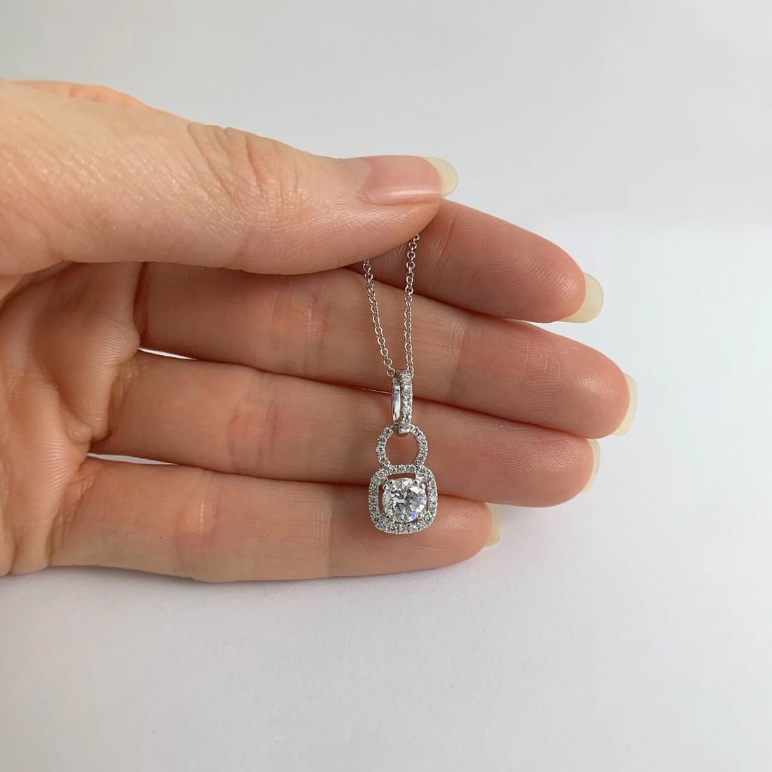 Round Cushion Halo Diamond Pendant Necklace 14K White Gold, .94 CTW, 2.73 Grams - 4