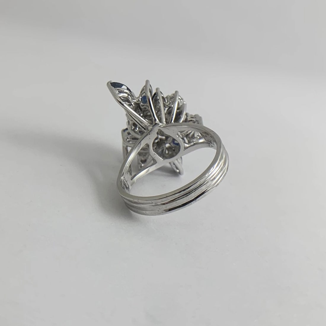 Blue Sapphire Diamond Cluster Cocktail Ring 12K White Gold, 2.02 CTW, 6.24 Grams - 10