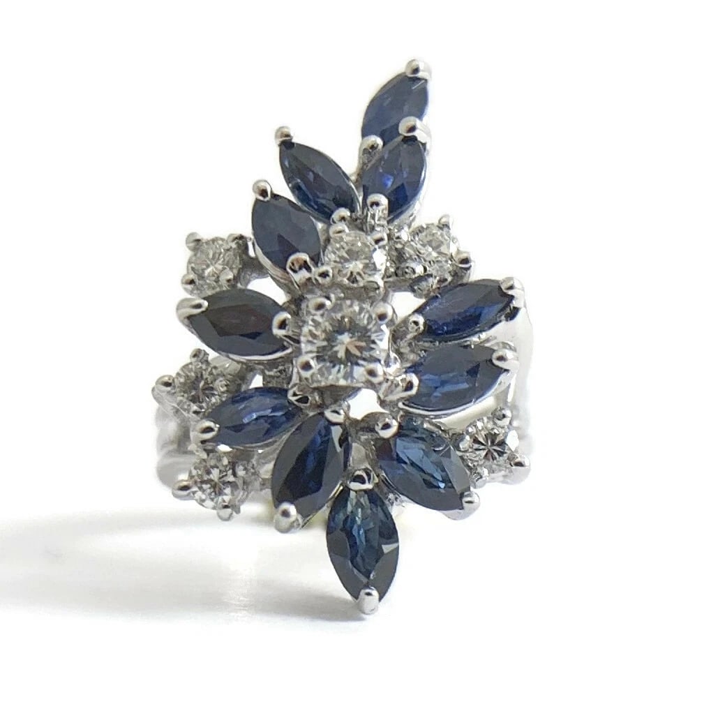 Blue Sapphire Diamond Cluster Cocktail Ring 12K White Gold, 2.02 CTW, 6.24 Grams: Blue Sapphire Diamond Cluster Cocktail Ring 12K White Gold, 2.02 CTW, 6.24 Grams This ring is so gorgeous! Beautiful craftsmanship! Don't hesitate to ask any questions! Gemstones: 11 marquise blue