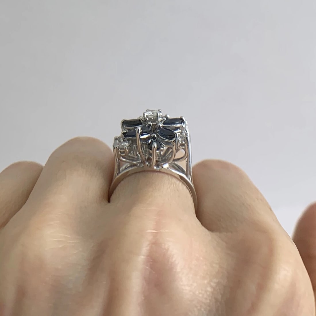 Blue Sapphire Diamond Cluster Cocktail Ring 12K White Gold, 2.02 CTW, 6.24 Grams - 6