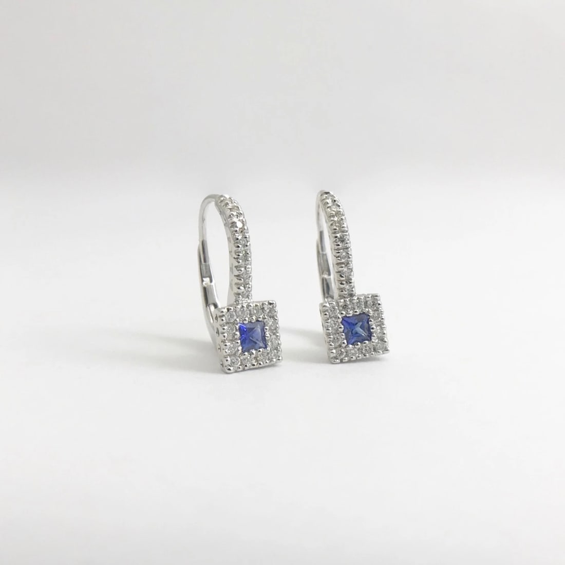 Blue Sapphire Diamond Halo Drop Earrings in 18K White Gold, .75 CTW, 3.36 Grams - 9