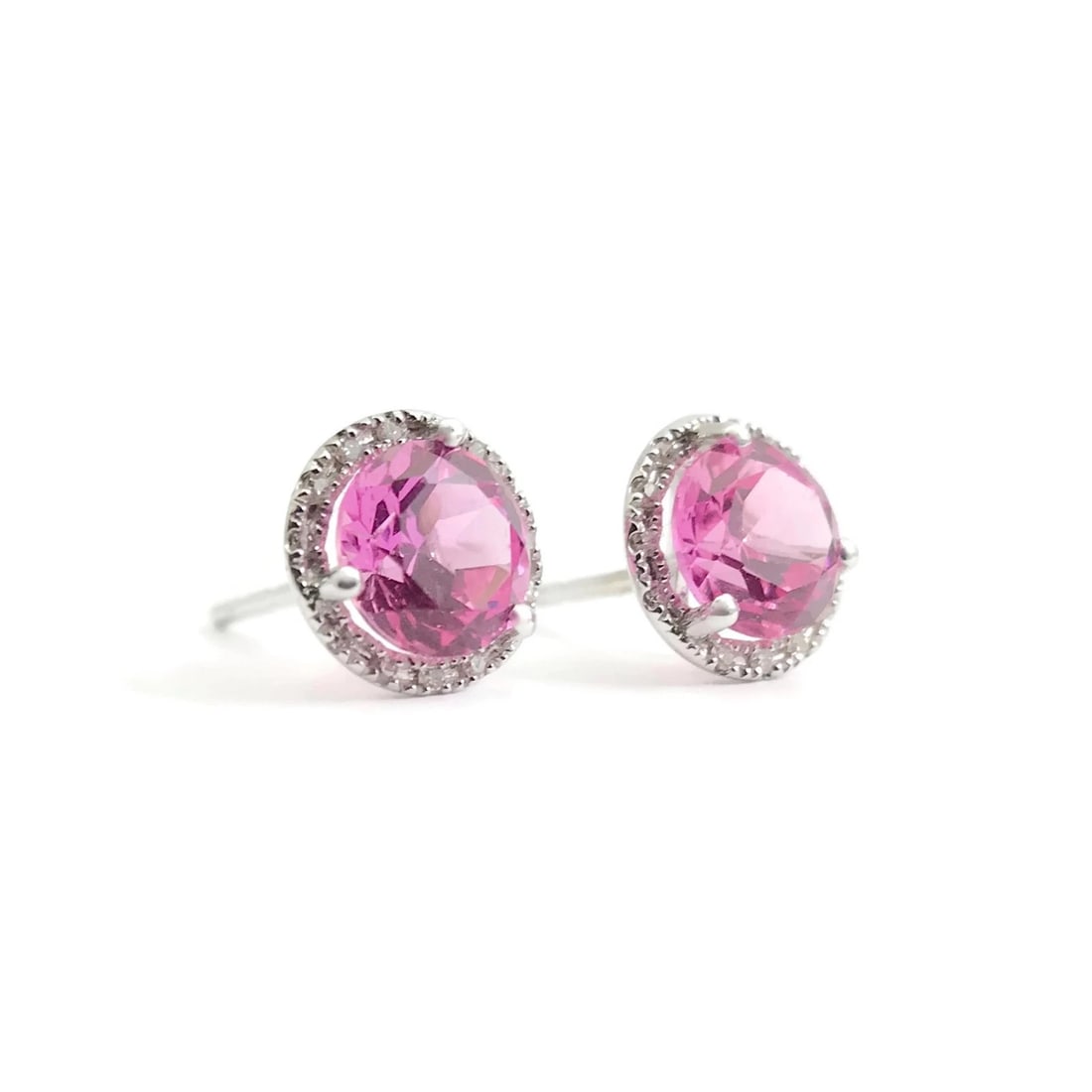 Round Pink Topaz Diamond Halo Gemstone Stud Earrings 14K White Gold, 2.34 CTW: Round Pink Topaz Diamond Halo Gemstone Stud Earrings 14K White Gold, 2.34 CTW These are beautiful earrings that will look great on any ears. Will make a great gift for any occasion. Priced to sell! Pl