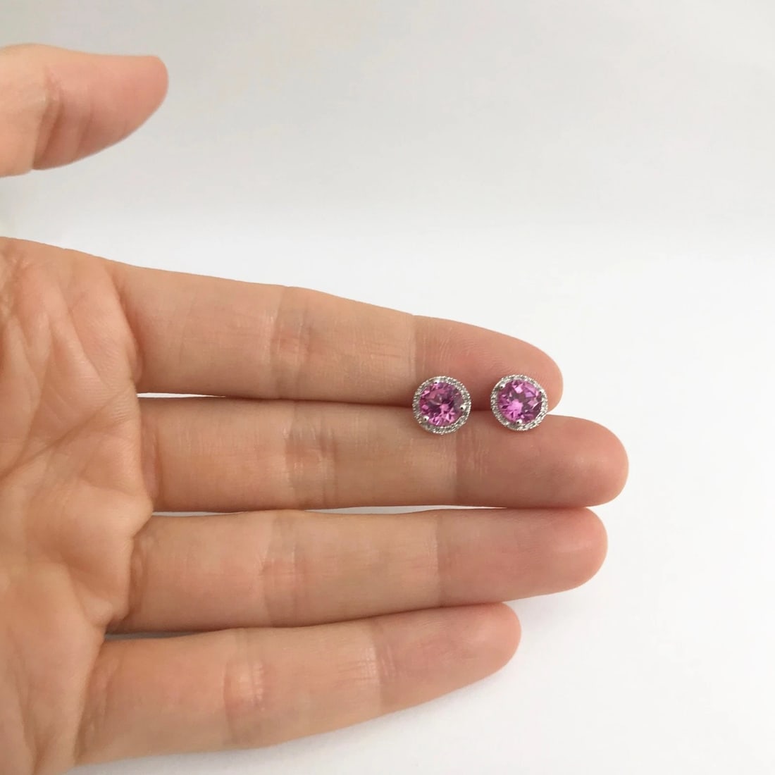 Round Pink Topaz Diamond Halo Gemstone Stud Earrings 14K White Gold, 2.34 CTW - 3