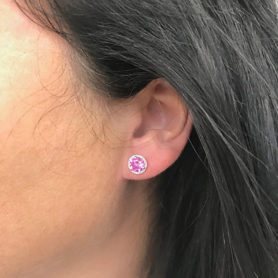 Round Pink Topaz Diamond Halo Gemstone Stud Earrings 14K White Gold, 2.34 CTW - 7