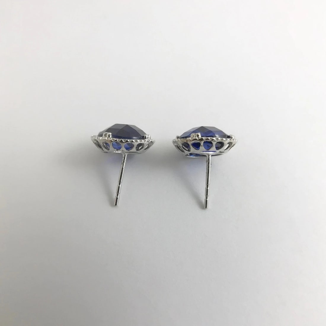 Blue Quartz Diamond Halo Gemstone Stud Earrings 14K White Gold, 12.27 CTW - 11