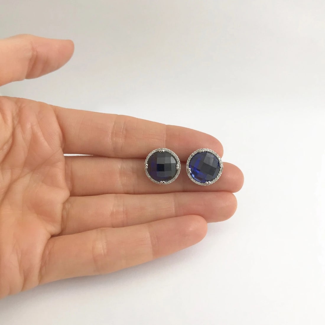 Blue Quartz Diamond Halo Gemstone Stud Earrings 14K White Gold, 12.27 CTW - 3