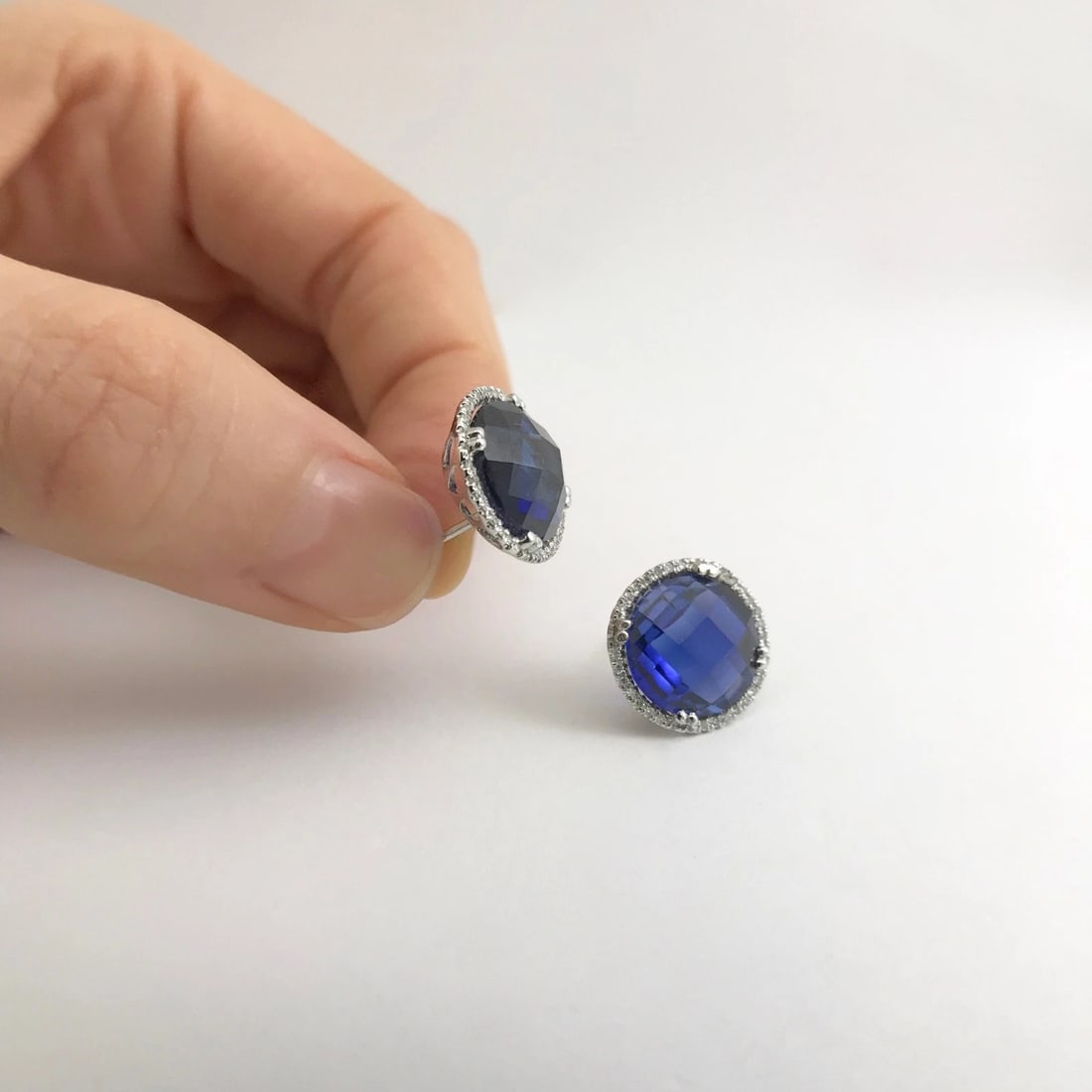 Blue Quartz Diamond Halo Gemstone Stud Earrings 14K White Gold, 12.27 CTW - 4