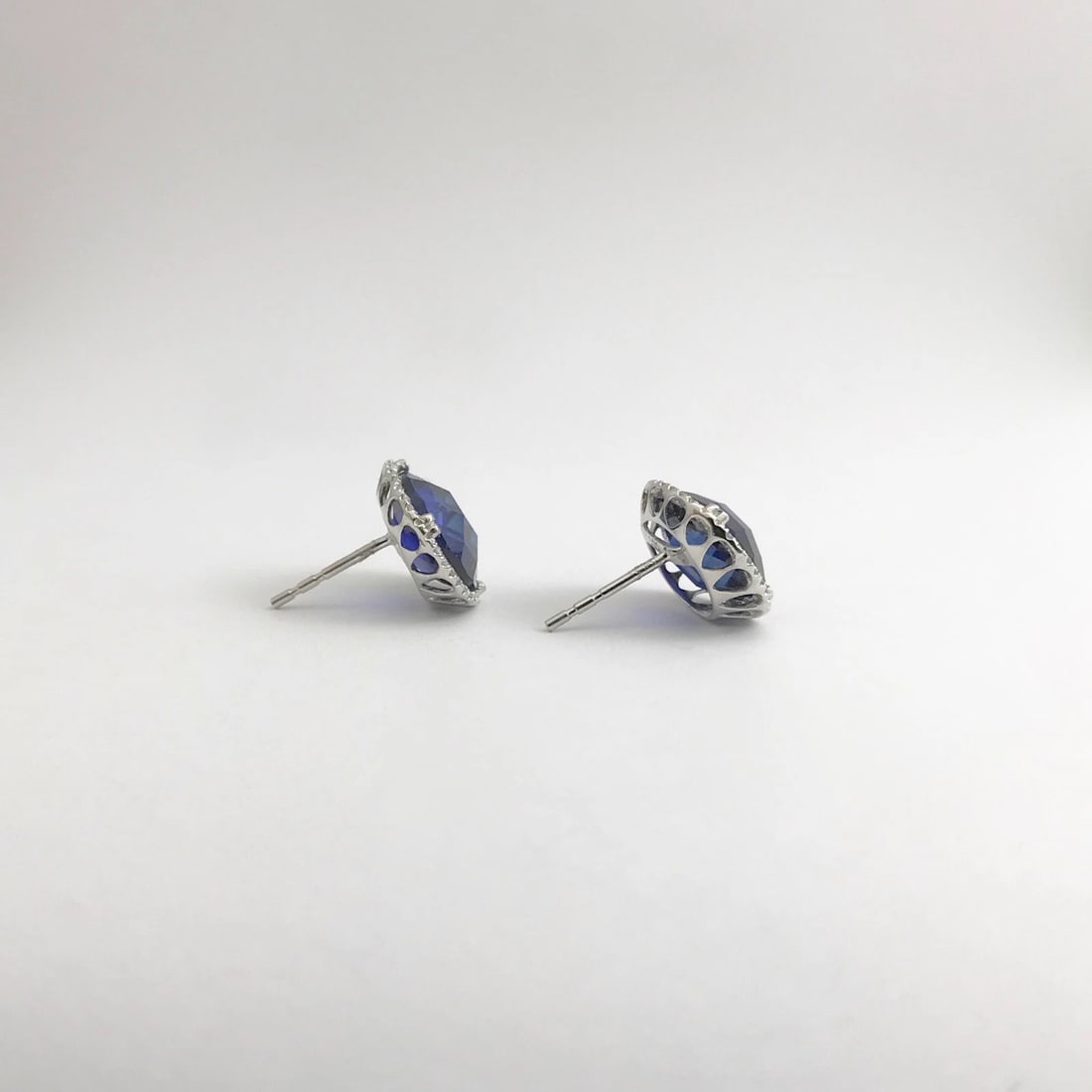 Blue Quartz Diamond Halo Gemstone Stud Earrings 14K White Gold, 12.27 CTW - 8