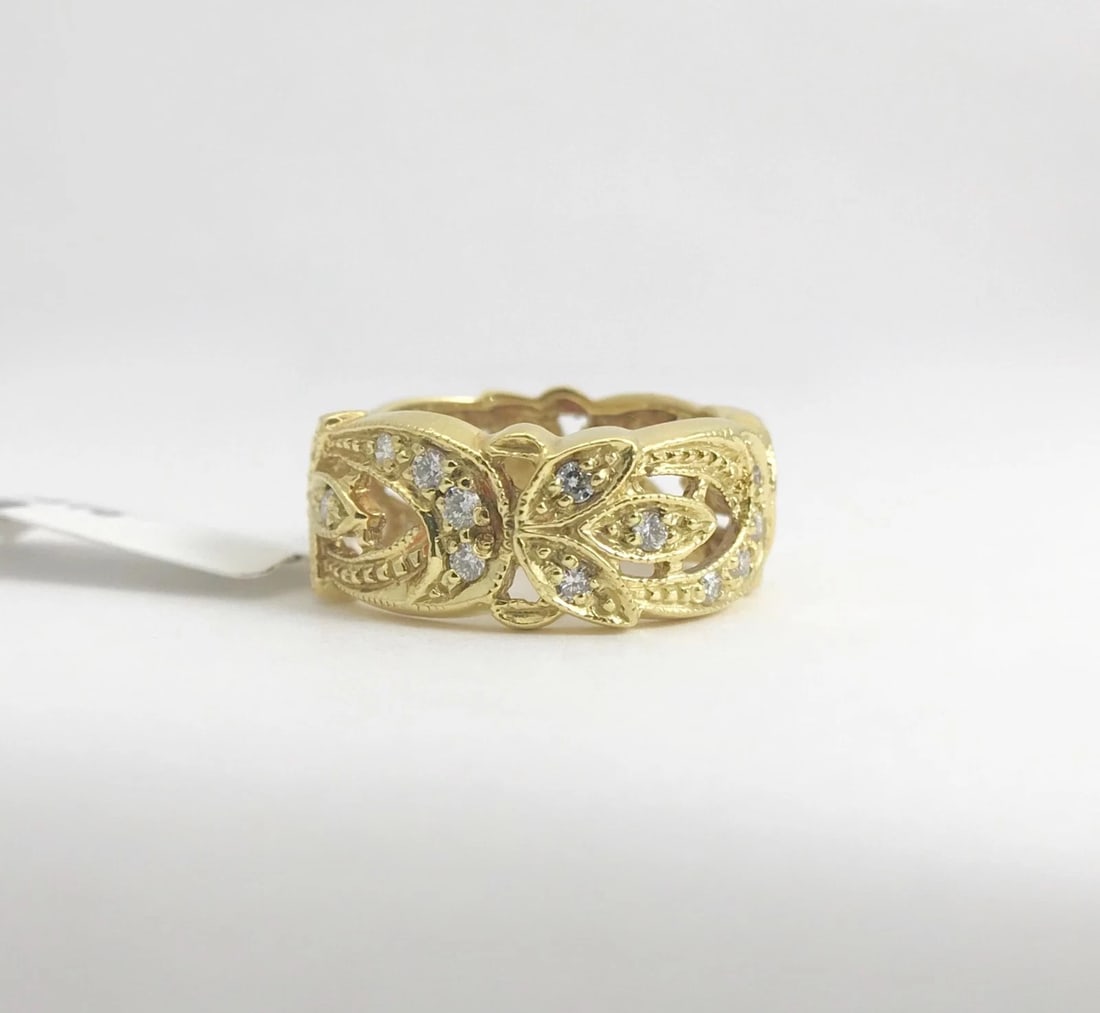 Wide Flower Filigree Diamond Band Ring 18K Yellow Gold, Size 6, 7.88 Grams - 11