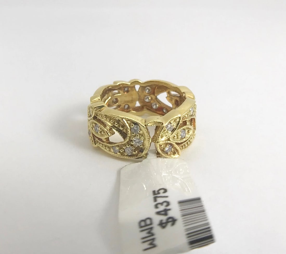 Wide Flower Filigree Diamond Band Ring 18K Yellow Gold, Size 6, 7.88 Grams - 12