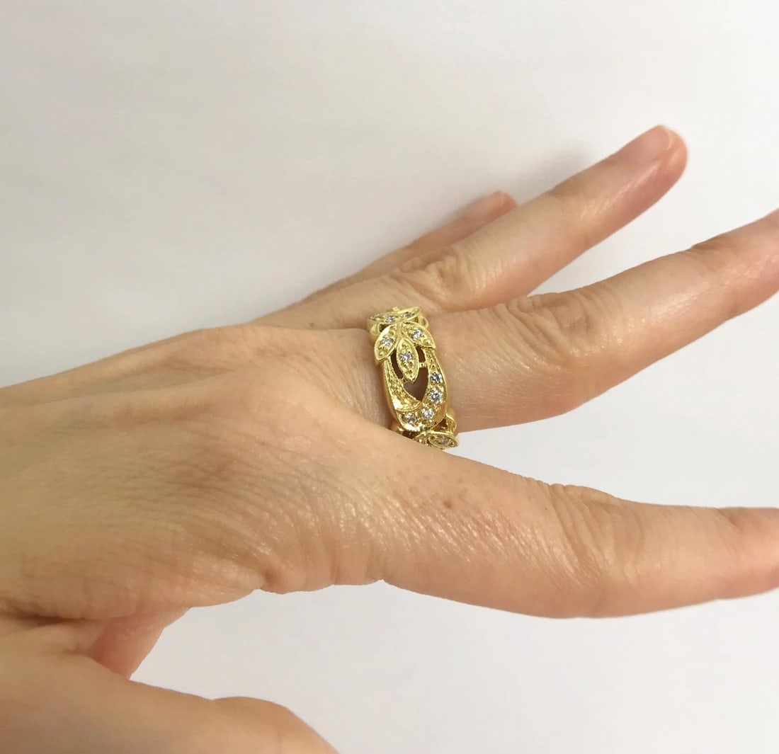 Wide Flower Filigree Diamond Band Ring 18K Yellow Gold, Size 6, 7.88 Grams - 6
