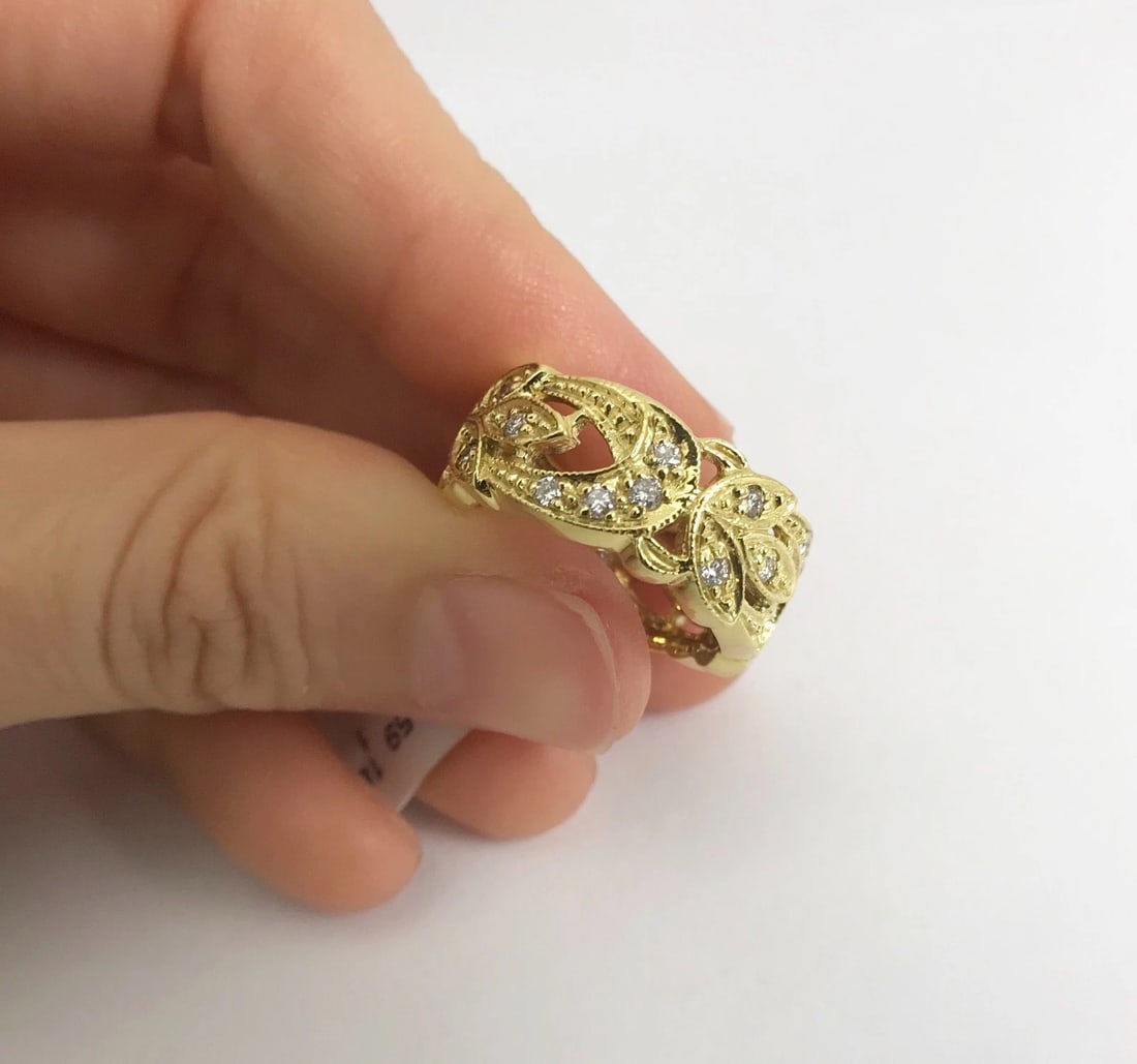 Wide Flower Filigree Diamond Band Ring 18K Yellow Gold, Size 6, 7.88 Grams - 7